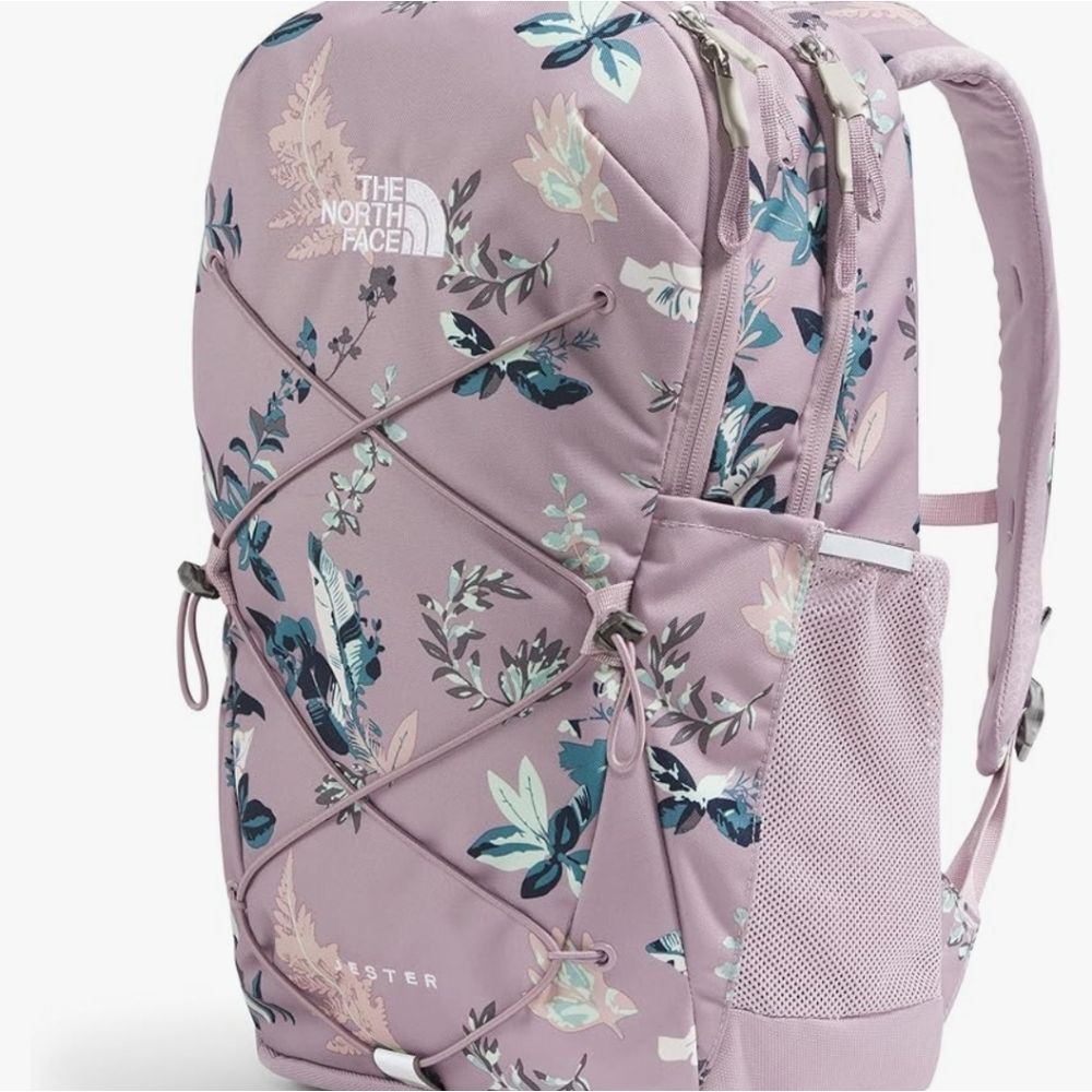 The North Face Mauve Floral Backpack with Teal and Cream Accents